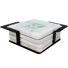 4 Pc. Square White Marble Coaster Set With Black Metal Stand