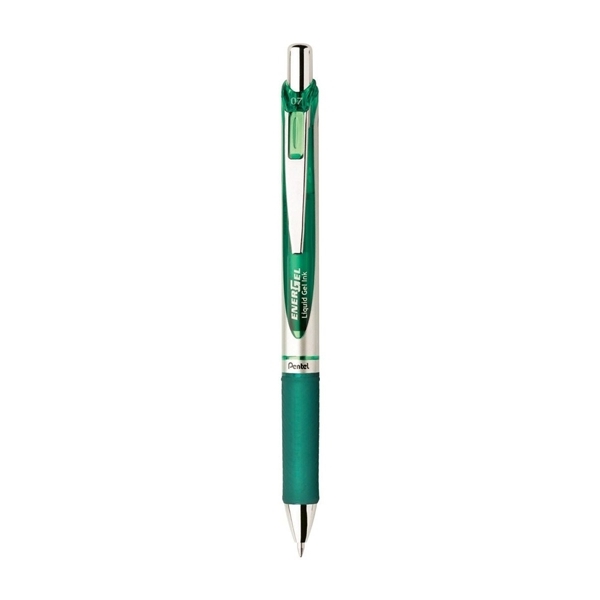 a silver tone/green/black ink energel rtx retractable liquid gel pen (medium)